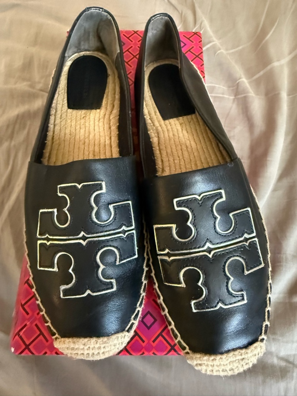 Tory Burch Black Leather Logo Espadrille Slip-Ons